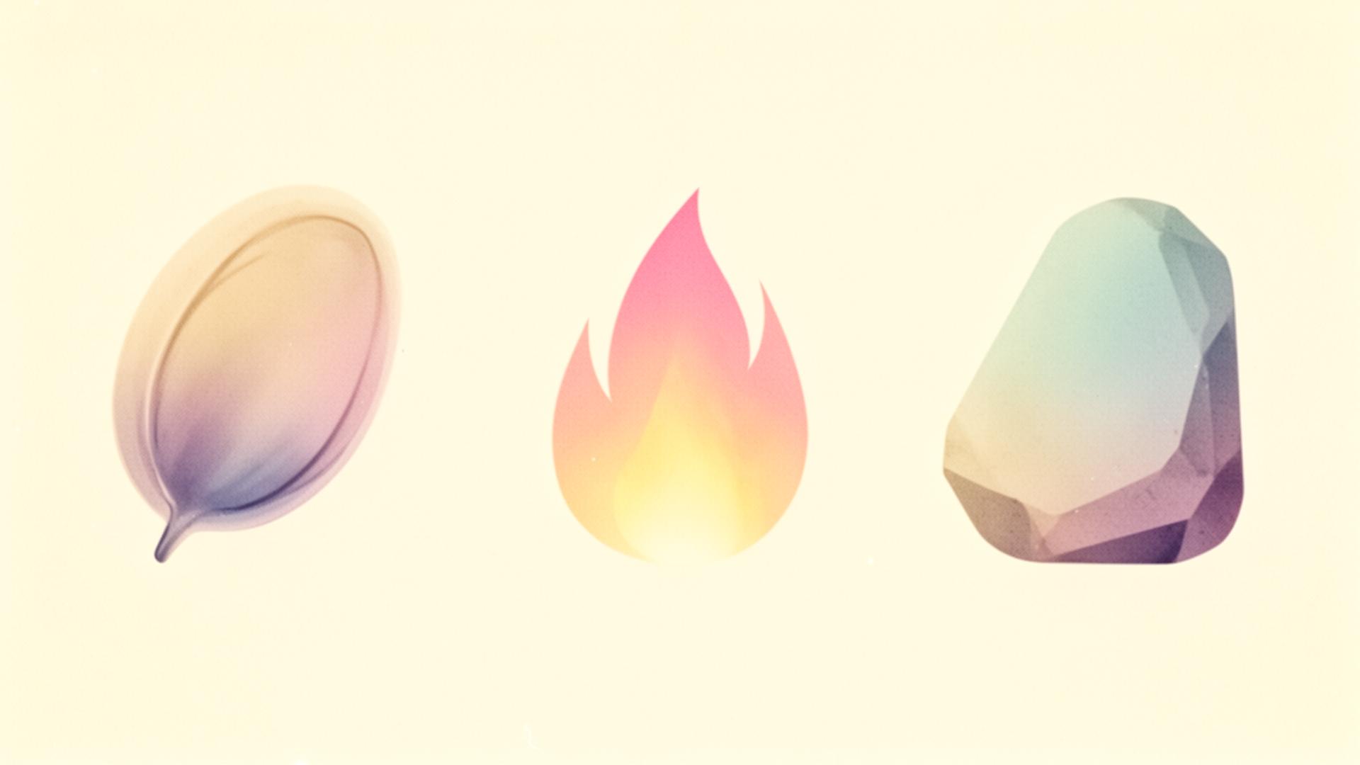 Seed, flame, stone